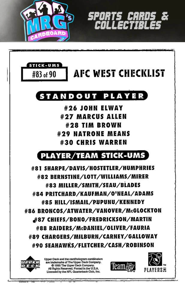1995 Collector's Choice Update #83 A.Miller/N.Smith/J.Seau/B.Blades Stick-Ums - Image 2 of 2
