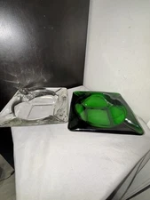 Vintage Large Square Clear Glass Ashtray & Emerald Green Ashtray 6x6, 1960’s