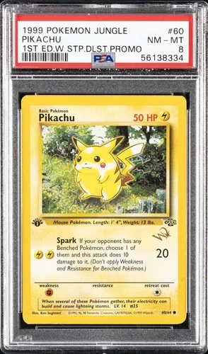 1999 POKEMON JUNGLE 1ST ED W STAMP DUELIST PROMO #60 PIKACHU PSA 8