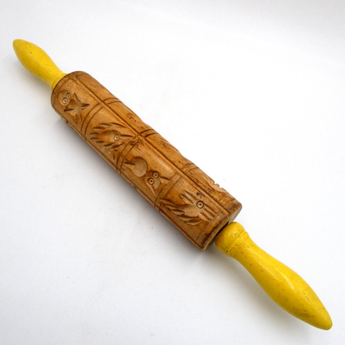 Springerle Carved Wooden Rolling Pin 16" Yellow Handles Birds 16 Panels