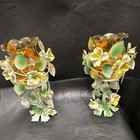 Pair Vintage Floral Metal Candle Holders w/ Amber Glass Cups for Votive/Tea — photo 3