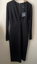 ASOS Tall Dress Size 12 New Black Plunge Long Sleeve Bodycon Midi Stretch Party