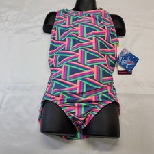 Motionwear Leotard Multicolored Neon Abstract Print Racerback Pink Green Sz. LC