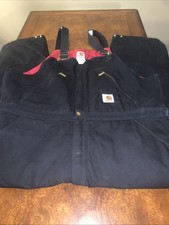Carhartt R38 BLK 42x28 Zip To Waist Quilt Lined Duck Bib Overalls Double Knee