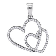 L U DIAMONDS 10K White Gold Diamond Double Heart Fine Pendant 1/5 CT