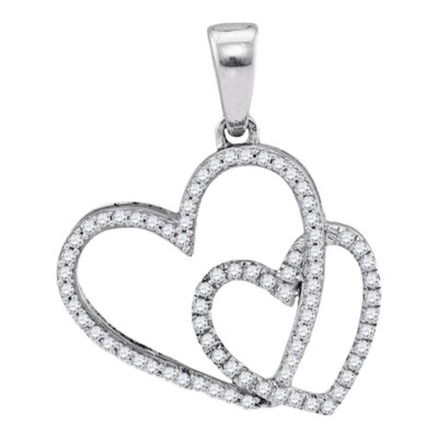 L U DIAMONDS 10K White Gold Diamond Double Heart Fine Pendant 1/5 CT