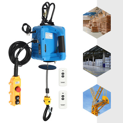 110V Portable Electric Hoist Winch Engine Crane Lifting ww/ 2 Remotes 1100lbs