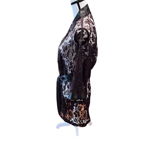 Vtg Mel Lin Lingerie Robe One Size Romantic Black Lace Floral Satin Wide Sleeve - Picture 2 of 14
