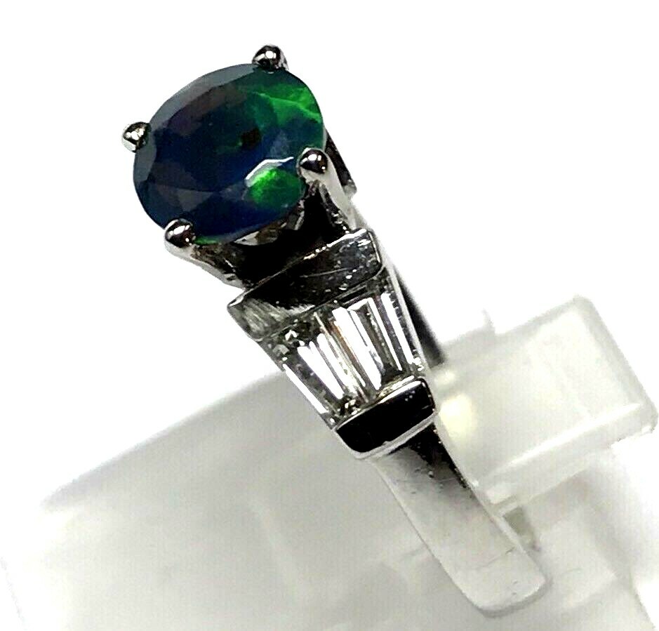 UNIQUE PLATINUM DIAMOND ROUND CUT ETHIOPIAN BLACK FIRE OPAL ENGAGEMENT RING SZ 6 image 3