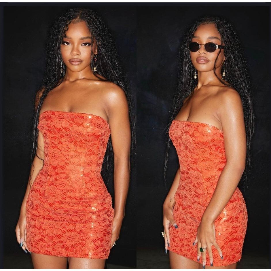 ワンピース LAQUAN SMITH SS23 LAQUAN SMITH Dresses (LSS23D003 ORANGE) NWT LAQUAN SMITH Spring 2023 Runway Orange Sequin Strapless