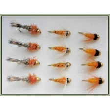 Trout Flies, 12 Pack, Gold Head Nymphs, Orange, Three Varieties, Mixed 10/12/14