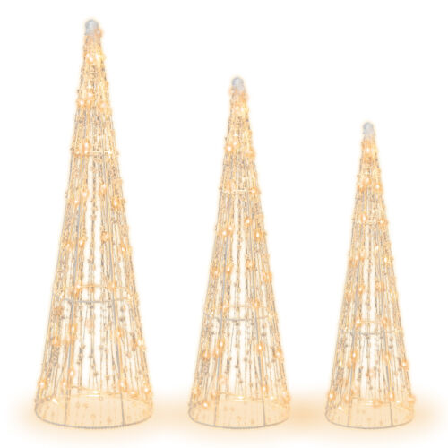 Set of 3 Pre-lit Christmas Cone Trees Xmas Decoration w/ 90 Lights & Star String