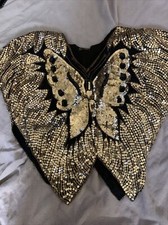 Vintage Silk Sequin Butterfly Top Black  Gold One Size Batwing 80s Disco Party