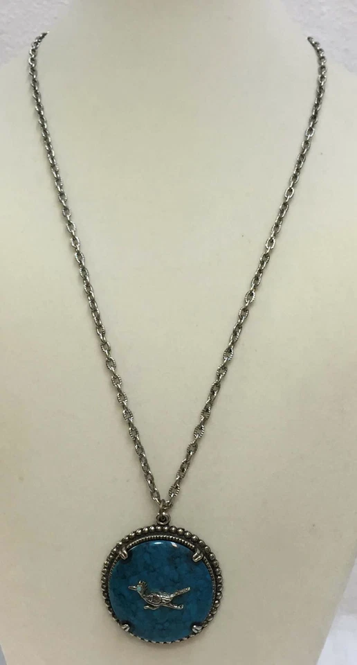 Collar Imitación Turquesa Colgante Piedra Correcaminos Pájaro Antiguo Cadena Plata 24" Foto 2 de 4
