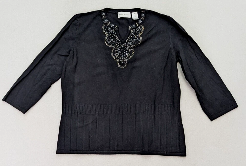 Suéter para mujer Alfred Dunner talla M negro manga 3/4 escote con cuentas Foto 2 de 4