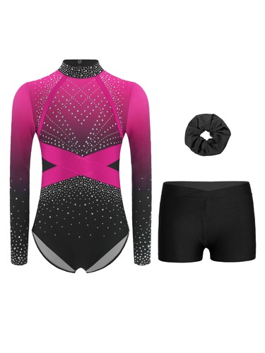UK Girls Rhinestone Color Block Gymnastic Leotard Skating Bodysuit with Shorts - Picture 16 of 75