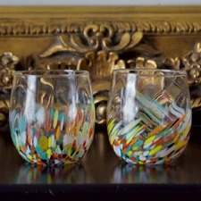 Two Italian White Crystal Glass Confetti Drinking Wine Glass Set