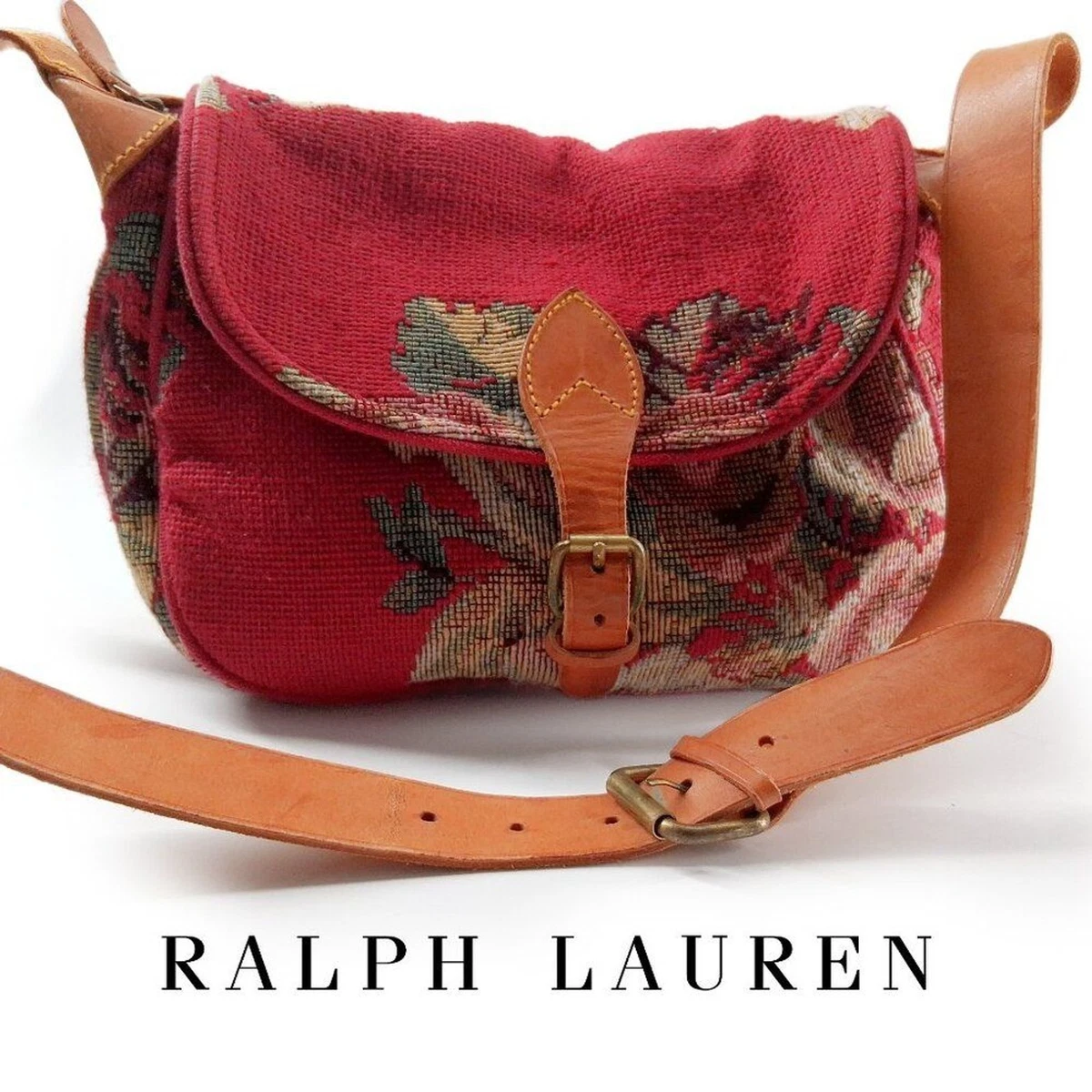 Vintage Ralph Lauren Needlepoint Tapestry Crossbody Bag Leather