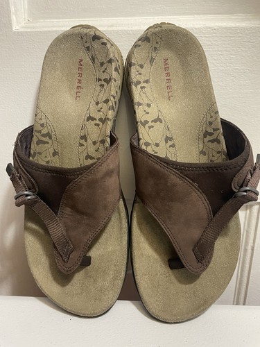 Merrell Senise Brown Women's Size 7 Leather Flip Flop Slides Thong Sandals Qform