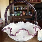 Fenton Violets Basket w/Plum/Amethyst Spiral Handle & Crest Hand Painted Signed