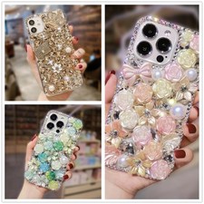 Women's Flower Glitter Bling Sparkle Rhinestone Wrist Band Soft Back Phone Case