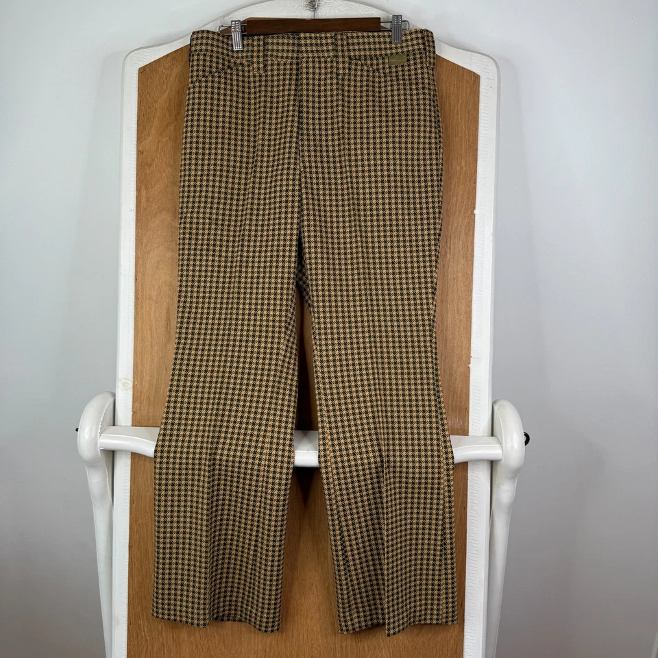 VTG Houndstooth Pants Mens 34x30 Brown Flared Leg 70s Retro Polyester NEW NWT - Image 2 of 4