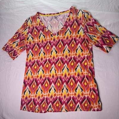 Jones New York Sport Womens Medium V Neck Ikat Pattern Top Pink Orange Yellow