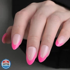 French Tips Press on Nails Short Almond for Women Gift, Light Neutral + Hot R