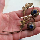 Antique Large Art Deco Flower Blue Glass Stones Brass Large Brooch Pin Jewelry