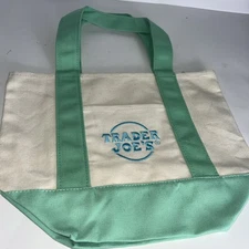 2025 Trader Joe's Mini Canvas Tote Bag, Pastel Teal / Lt Green, Limited Ed, NEW