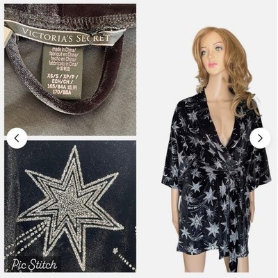 Victorias Secret Fleece Robe XS Black Star Celestial Moon Glitter Witch Space