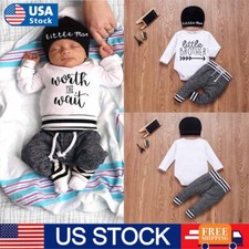Newborn Baby Boys Matching Clothes Romper Striped Pants Hat Bodysuit Outfits