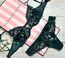 Victoria's Secret Velvet Ziggy Glam Floral Embroidery Demi Bra Thong Set Green