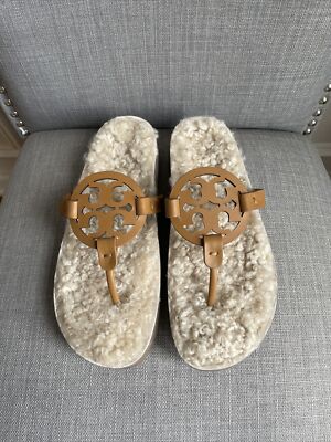 Tory Burch Miller Cloud Shearling Leather Sandal in Caramel Corn