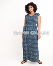 NEW RYLLACE PLUS SIZE BLUE PRINTED COASTAL EMPIRE KNIT MAXI DRESS SZ 2X 18/20