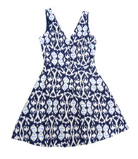 Gap 100% Linen Dress Size 4 Blue Batik Fit Flare V Neck Sleeveless Skater Mini