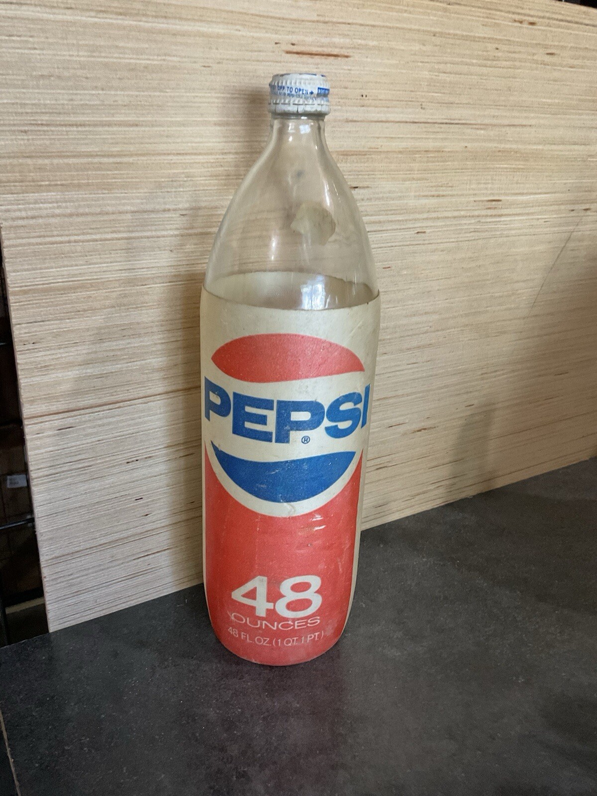 1975  48oz Glass Pepsi Bottle Styrofoam Sleeve 