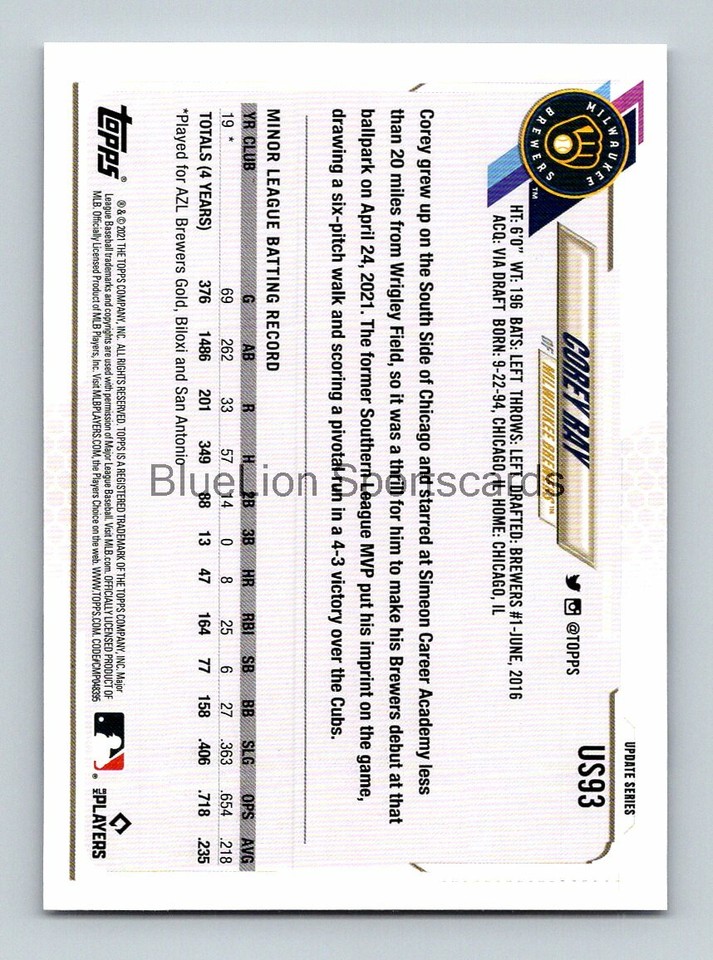 Corey Ray Topps Update Rookie Baseball Card 2021 Brewers | eBay