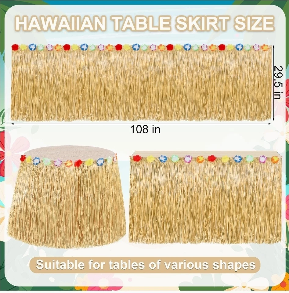 16 Pack Luau Party Decorations, Hawaiian Grass Table Skirt, Flower 108 X 29.5" - Image 3 of 4