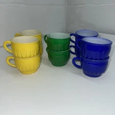 Vintage Slick And Sassy Jeanette Glass Punch Glasses 10 Cups Green Yellow Blue