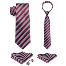 2PCS Set for Father and Son Tie Silk Mens and Boys Red and Grey Striped