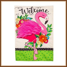 EVERGREEN GARDEN FLAG  FLAMINGO WELCOME  EMBELISHED APPLIQUE' - BRAND NEW