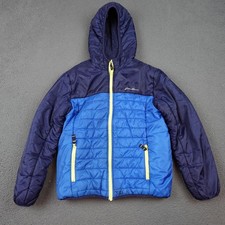Eddie Bauer Jacket Kids Medium 10/12 Blue Reversible Hooded Sherpa Puffer