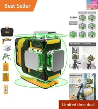 Precision 4x360° Self-Leveling Green Laser Level with Remote Control & Battery