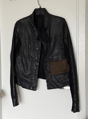 Rick Owens DRKSHDW Black Wax Denim Jacket With Partial Leather Sleeves Large