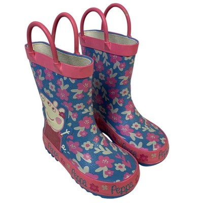 Girls Size 5 Pink Blue Rain Boots Floral Peppa Pig Handled Outdoor Shoes