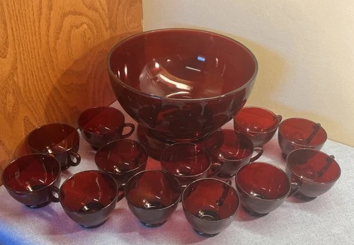 Vintage Anchor Hocking Royal Ruby Red Glass Punch Bowl Set W/ 13 Cups & Base