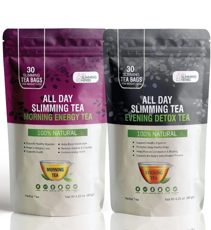 All Day Slimming Tea Morning Energy Tea and Evening Detox Tea packs