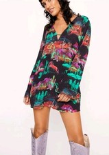 NEW Nasty Gal Rodeo Plunge Smock Mini Dress Size 4 Black Festival Horse Cactus