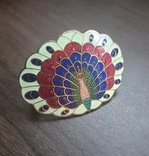 Vintage Cloisonne Enamel PEACOCK Scarf Holder Colorful Scarf Clip